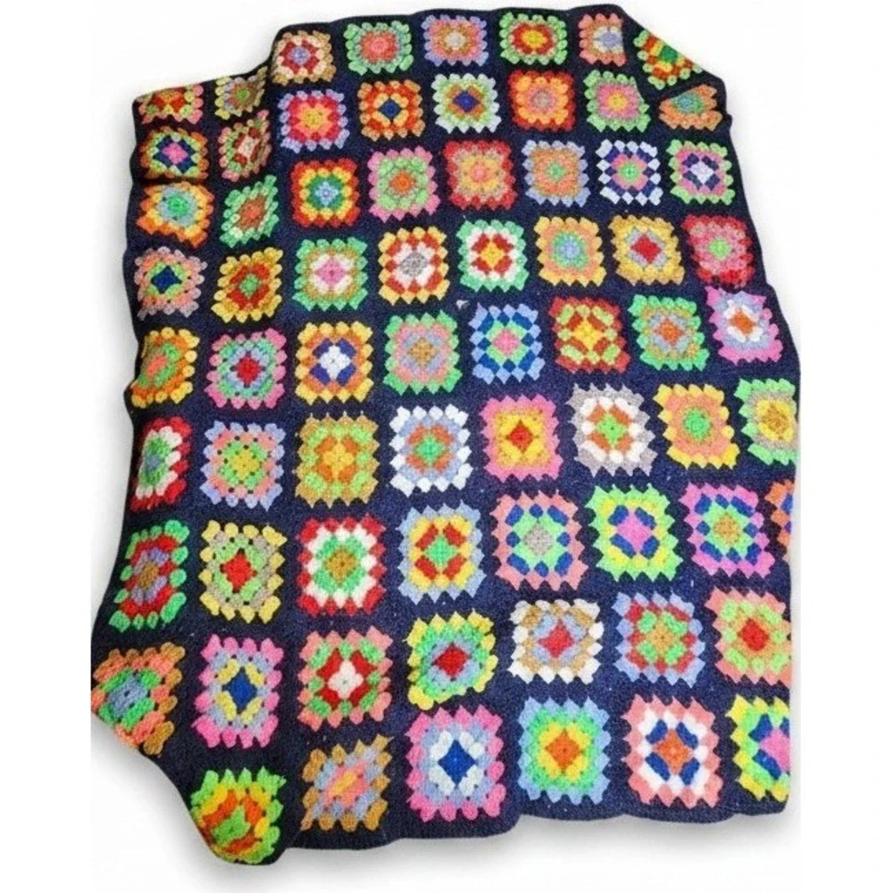 Crochet Granny Square Blanket 48x46 Navy Neon Boho Handmade Throw